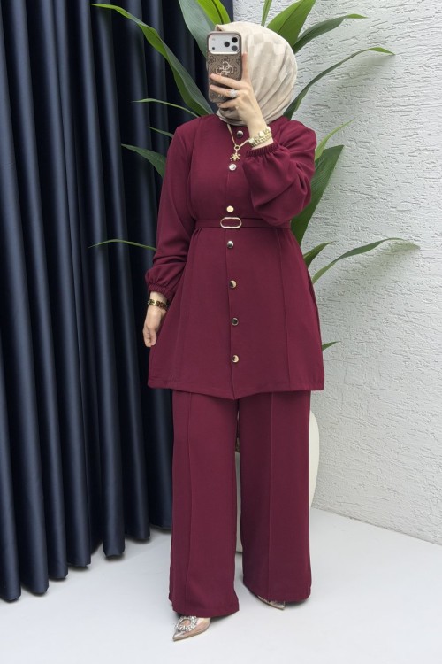 Zennup Pantalonlu Takım Tesettür Giyim Bordo