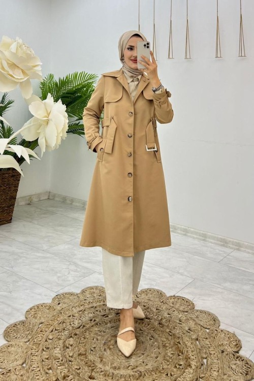 Camel Buğlem Trench Tesettür Giyim Camel