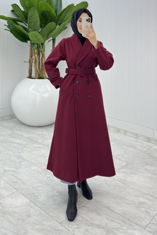 Bordo Premium Kaşe Kaban Tesettür Giyim Bordo