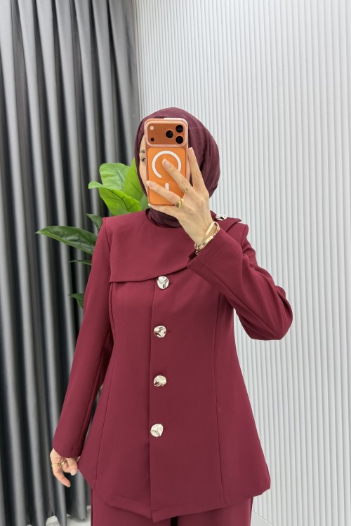 Bordo Ebrar Ceket Takım Tesettür Giyim Bordo