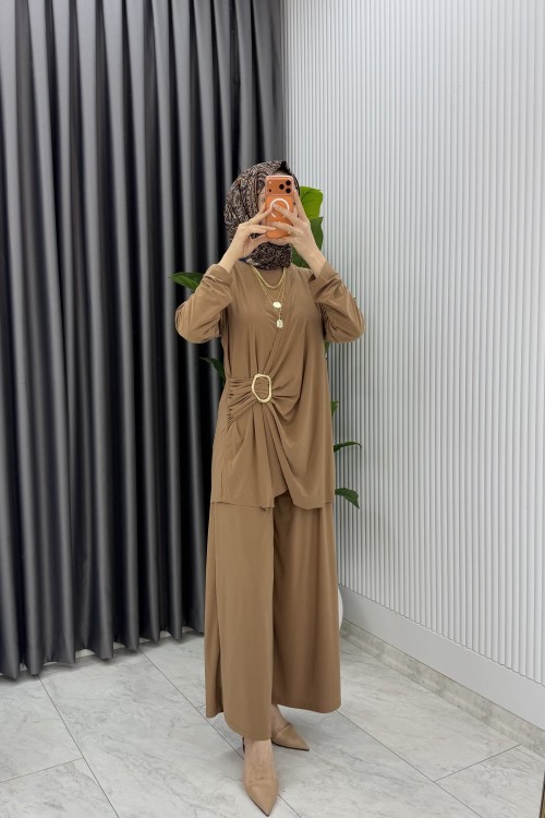 Camel Figen Pantolon Takım Tesettür Giyim Camel