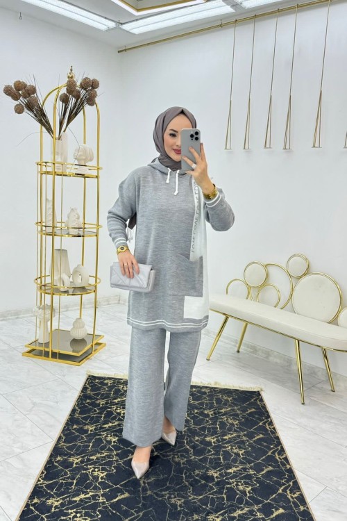 Gri Lowe Triko Takım Tesettür Giyim Gri