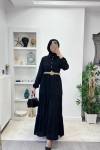 Hasır Kemerli Elbise Tesettür Büyük Beden Ayrobin Krep Kumaş Siyah