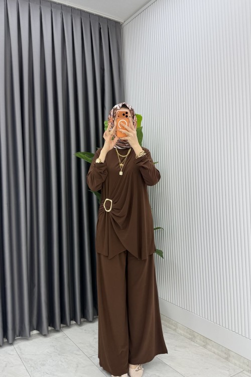 Kahve Figen Pantolon Takım Tesettür Giyim Kahverengi