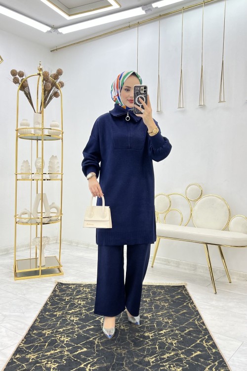 Lacivert Premium Simli Triko Takım Tesettür Giyim Lacivert