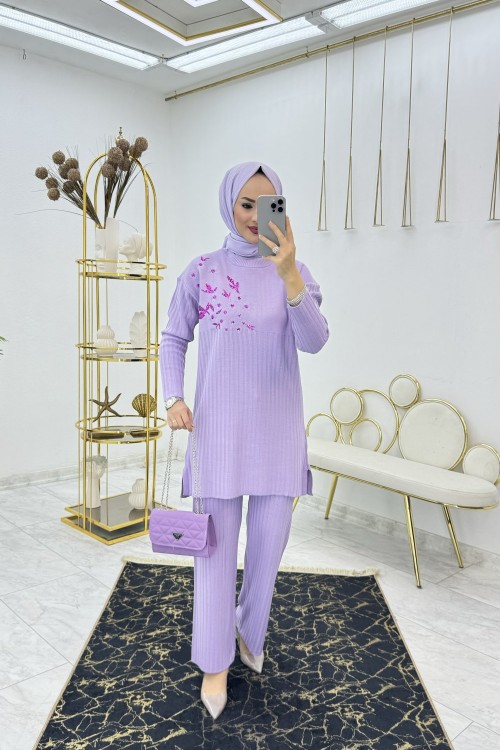 Lila Pullu Triko Takım Tesettür Giyim Lila