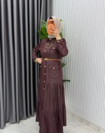 Mürdüm Kemerli Eslem Kot Elbise Tesettür Giyim Mürdüm