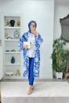 Saks Mavisi Takım Çiçek Desenli Kimono Tesettür Büyük Beden Kuşaklı