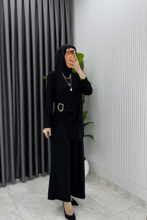 Siyah Figen Pantolon Takım Tesettür Giyim Siyah