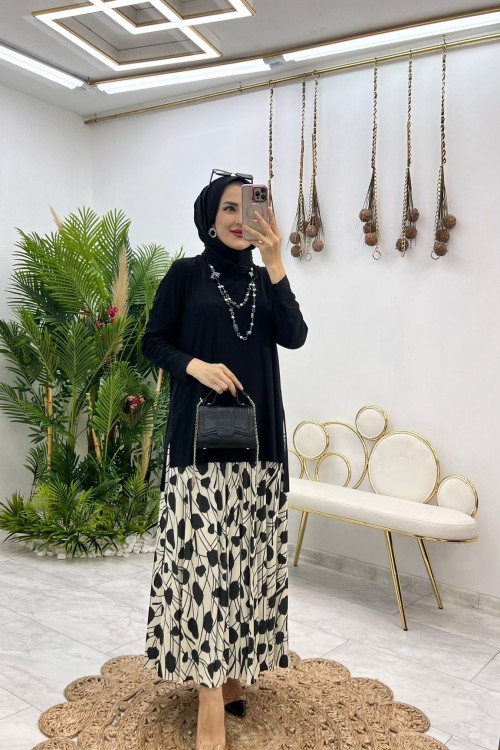 Siyah Yüsra Etek Takım Tesettür Giyim Siyah