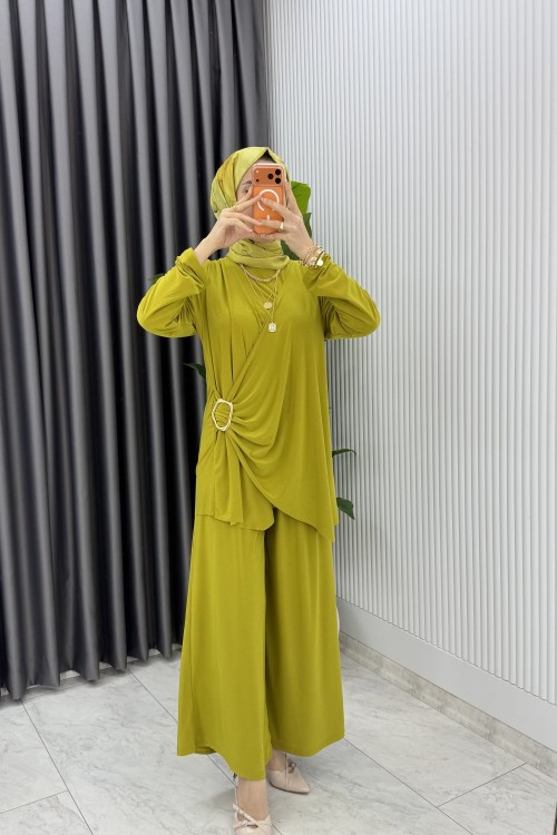 Yağ Yeşil Figen Pantolon Takım Tesettür Giyim Yağ Yeşili