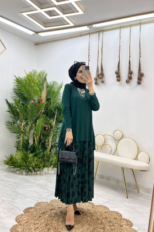 Zümrüt Yüsra Etek Takım Tesettür Giyim Zümrüt