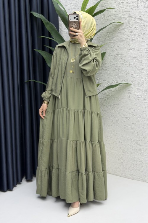 Ahu Elbise Tesettür Giyim Açık Haki