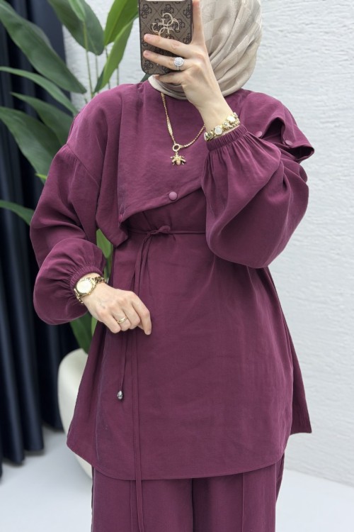 Rezzan Pantalonlu Takım Tesettür Giyim Vişne