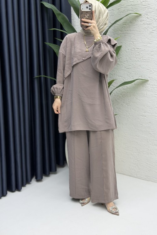 Rezzan Pantalonlu Takım Tesettür Giyim Vizon